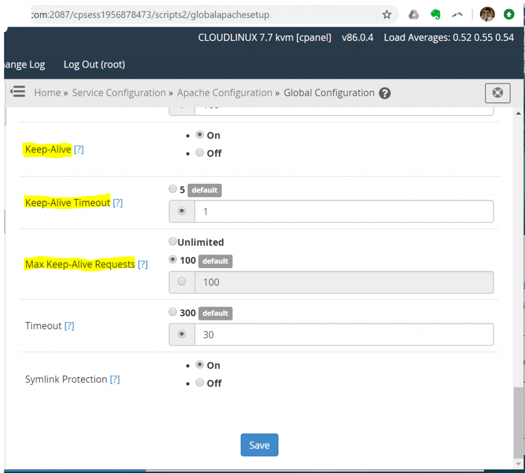 Apache Keepalive Timeout Settings in cPanel