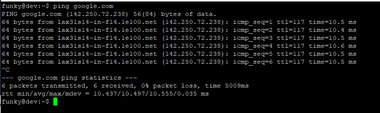 ssh terminal showing ping result