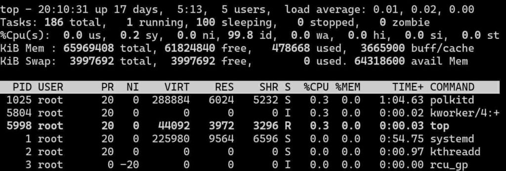 ssh terminal showing output of top command