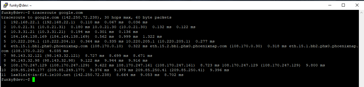 ssh terminal showing traceroute