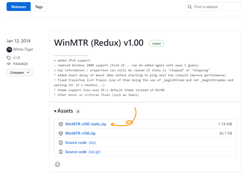 WinMTR repository on GitHub download site shows source code and main file for WinMTR diagnhostic tool to perform for home desktop or laptop or business servers. IOFlood Orange Arrow directs the proper file to download