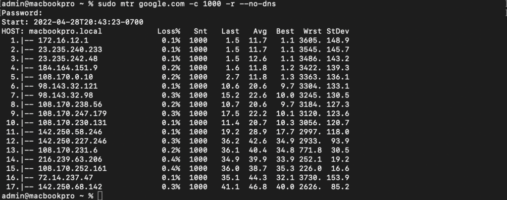 ssh terminal mac mtr finished test