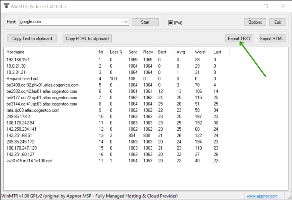 winmtr test export