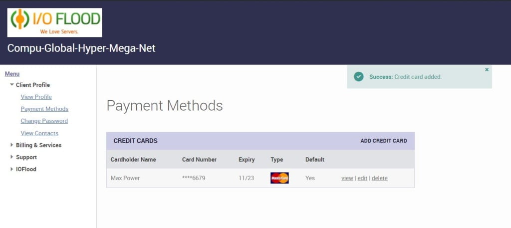 IOFLOOD Support Portal Payment Methods Completed