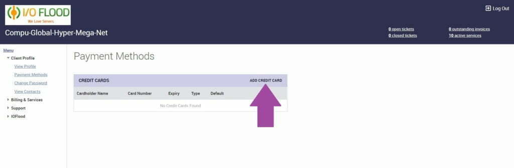 IOFLOOD Support Portal Payment Methods Add Credit Card