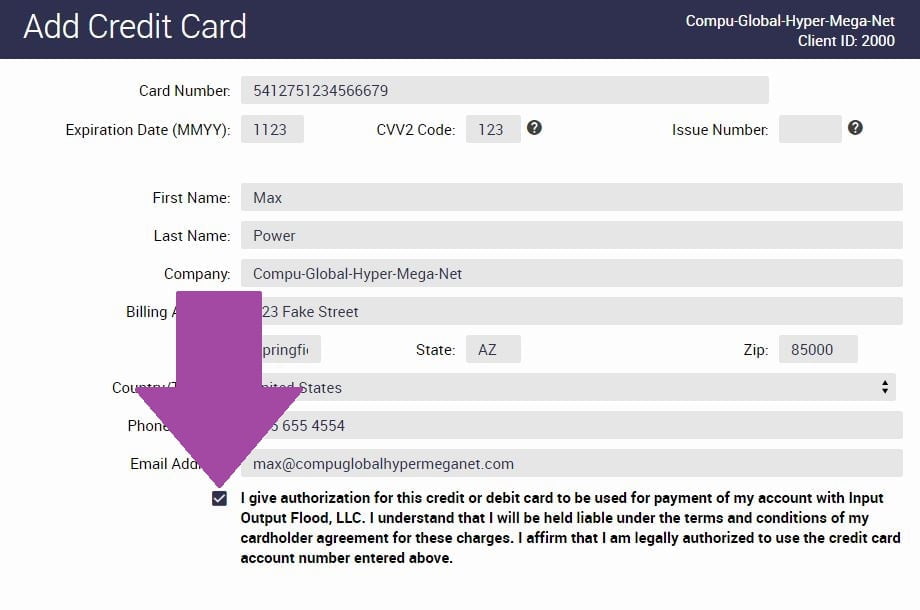 IOFLOOD Support Portal Payment Methods Add Credit Card Filled Out Form