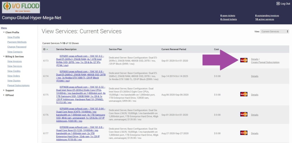 ioflood support portal services list shows credit card on file