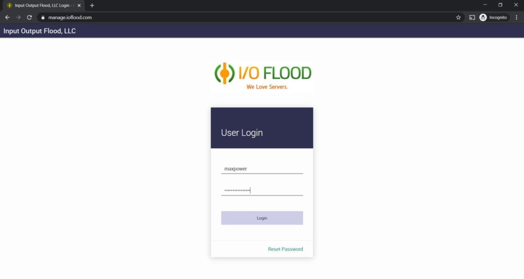 IOFLOOD Support Panel Login Page