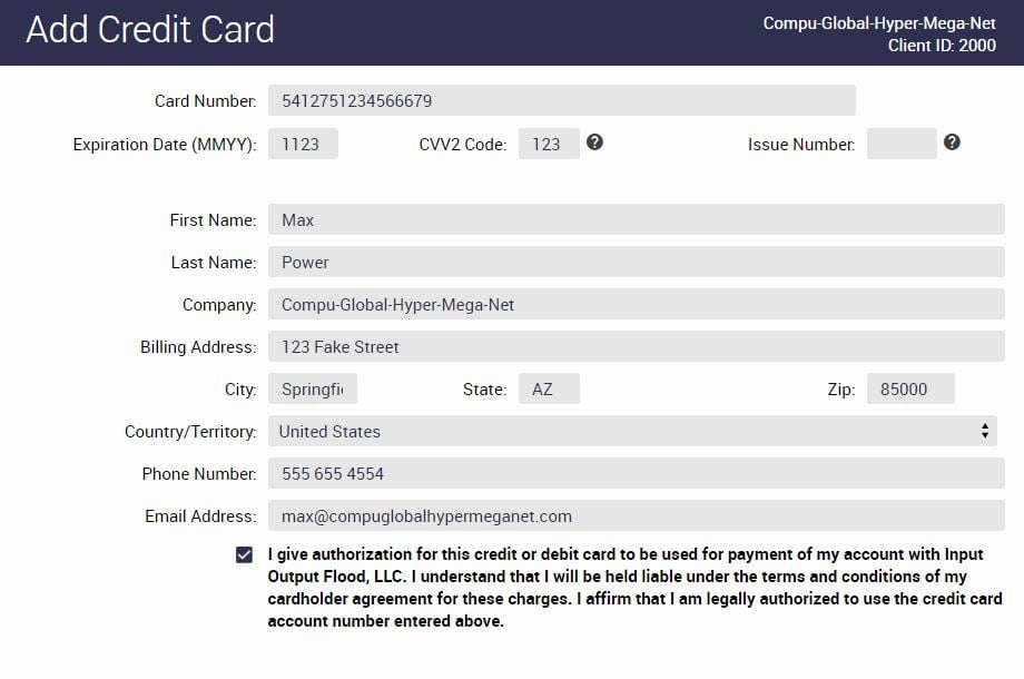 IOFLOOD Support Portal Payment Methods Add Credit Card Filled Out Form