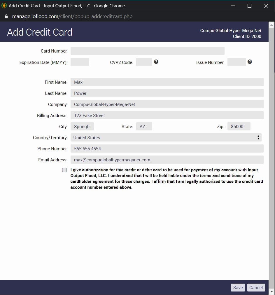 IOFLOOD Support Portal Payment Methods Add Credit Card Detailed Form