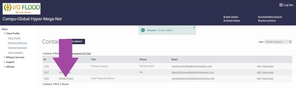 ioflood support portal shows updated contact list