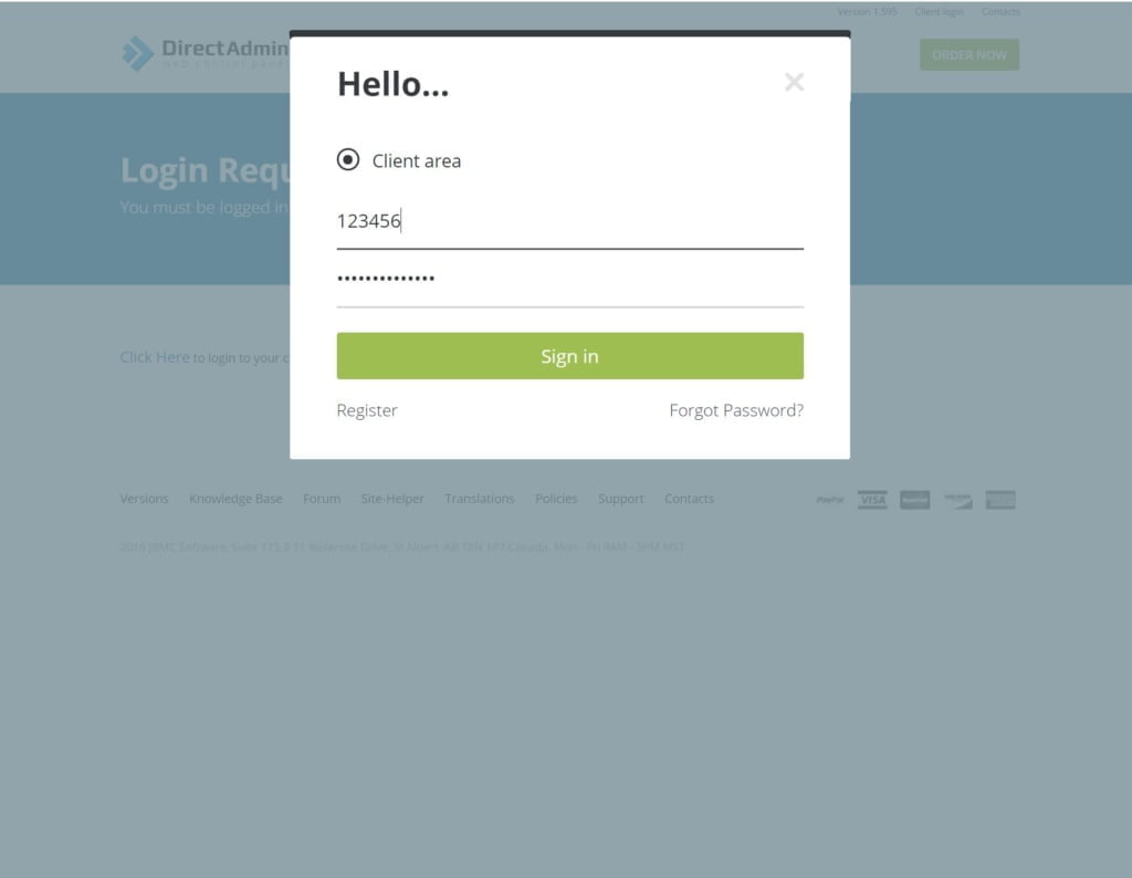 directadmin login page screenshot