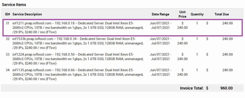 ioflood support portal invoice amounts due for each service