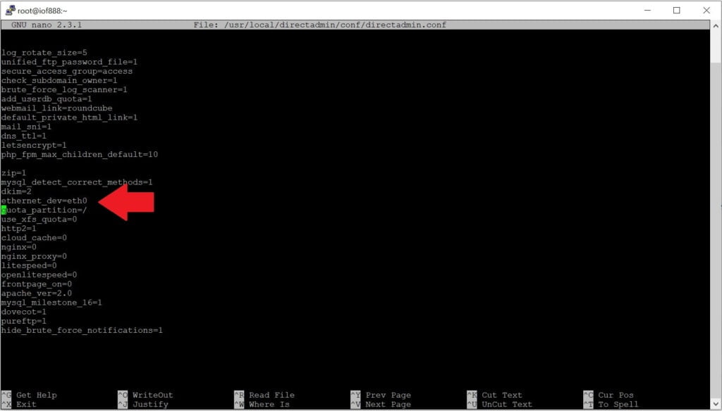 ssh terminal directadmin configuration file editor