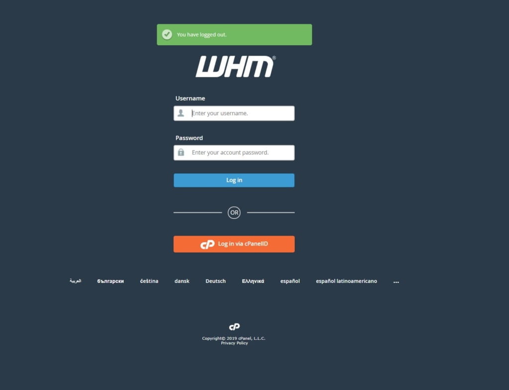 cpanel whm login screen