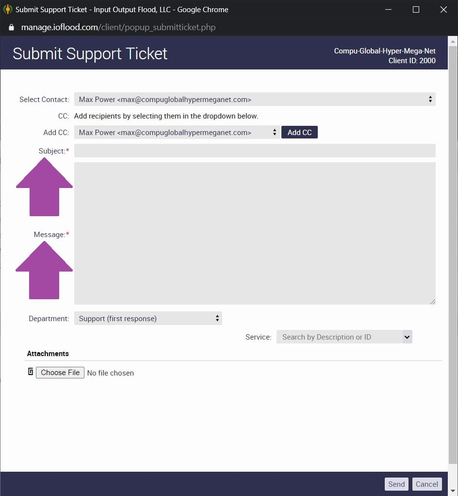 ioflood support portal submit ticket filled in