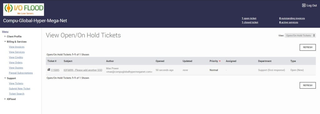 ioflood support portal list of tickets