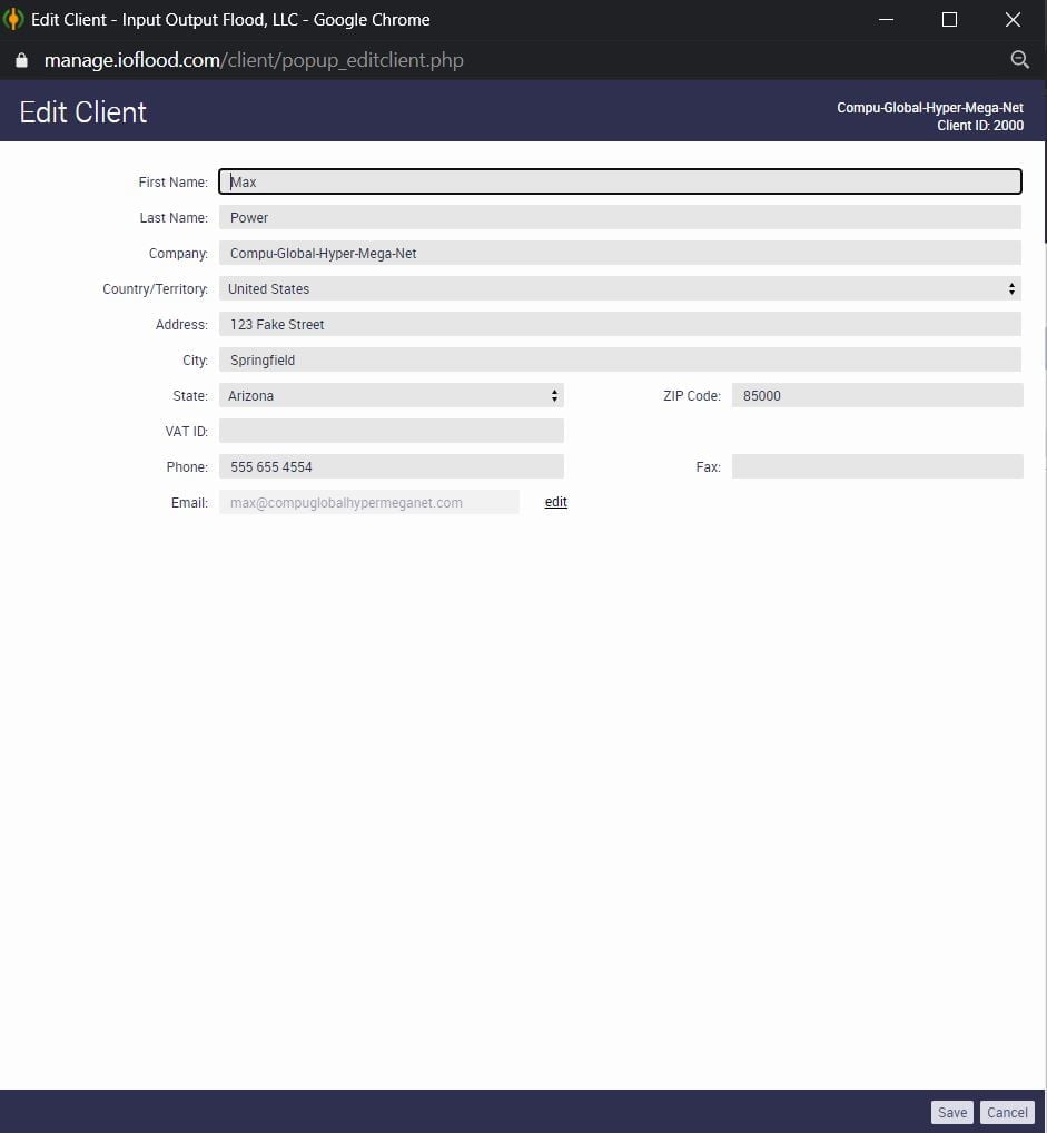 ioflood support portal edit client profile popup