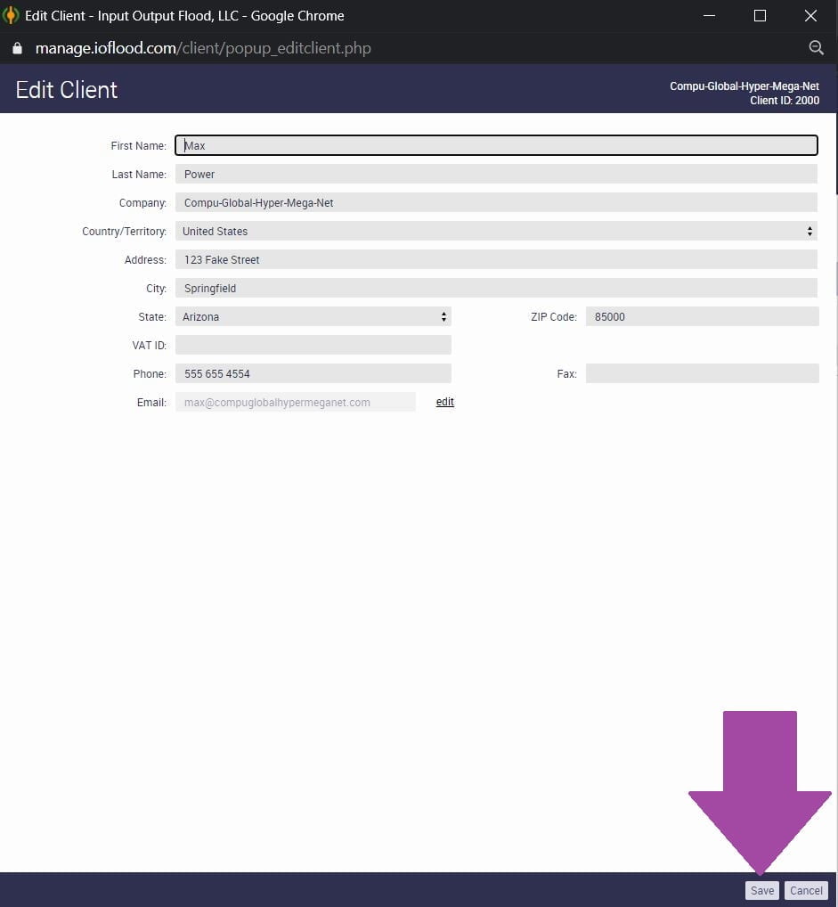 ioflood support portal edit client profile popup filled in