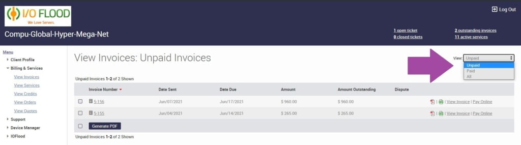 ioflood support portal invoices list