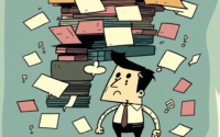 cartoon surrounded by documents confused