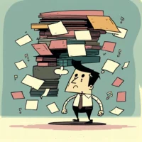 cartoon surrounded by documents confused