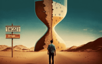 man in desert walks towards giant hourglass
