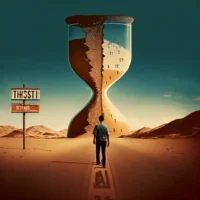 man in desert walks towards giant hourglass