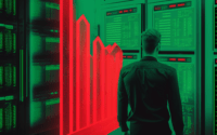 man in front of a green control panel with red bar chart
