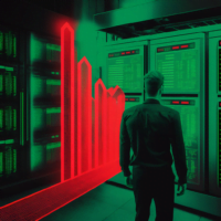man in front of a green control panel with red bar chart