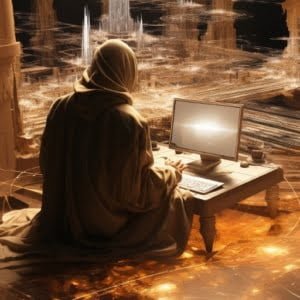 man sitting at computer on enchanted floor