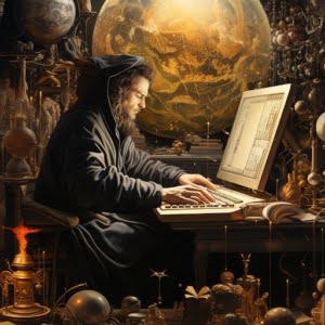 wizard at computer in fantasy world