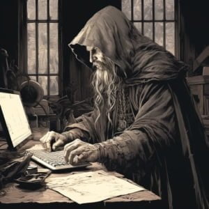old timey wizard at computer with parchment
