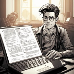 cartoon journalist at laptop