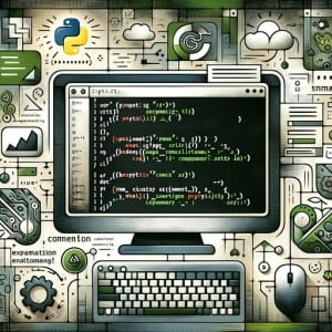 Artistic depiction of commenting in Python programming featuring note markers and explanatory text suggesting code organization