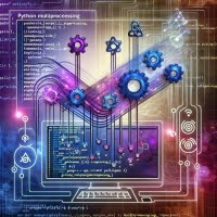 Artistic depiction of concurrent execution and multiprocessing in Python featuring multiple threads and interlocking gears