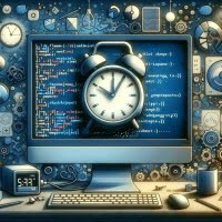 Artistic depiction of delaying execution in Python featuring countdown timers and pause icons set in a time management coding context