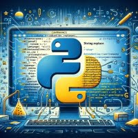 Artistic depiction of string replace in Python featuring exchange arrows and character swap markers symbolizing text updating