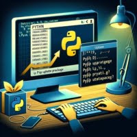 Computer graphic showing a Python terminal executing pip update package highlighting package updating with pip