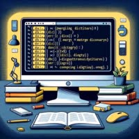 Computer interface graphic displaying Python code for merging dictionaries focusing on combining multiple dictionaries