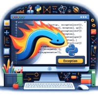 Computer interface graphic illustrating a Python script throwing an exception highlighting exception handling syntax and implementation