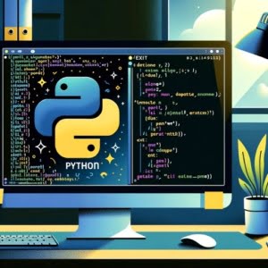 Computer screen graphic showing a Python environment with the exit function demonstrating script termination in Python