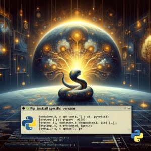 Digital visualization of Python environment demonstrating pip install specific version focusing on installing a particular Python package version