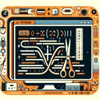 Graphic representation of string trimming in Python showing scissors and space reduction symbols highlighting string formatting