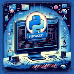 Graphic representation of subprocess handling in Python featuring terminal windows and command line interfaces