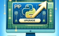 Illustration of Pythons pip upgrade command upward arrows and package icons on a screen Python software updates