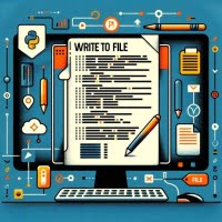 Python script featuring file writing operations with document icons and text input symbols highlighting file handling