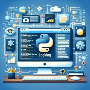 Python script featuring logging module for application monitoring with log file symbols and message recording icons