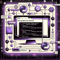 Python script illustrating passing objects by reference with linking arrows and reference markers highlighting variable and object handling