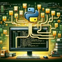 Python script importing modules from different directory visualized with folder path symbols arrows featuring directory trees and path connectors
